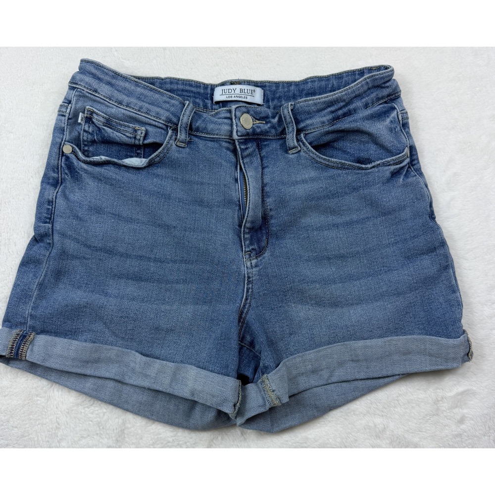 Judy Blue Womens Large Medium Wash Cuffed Stretch Denim Shorts